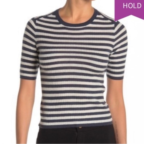 Vince Navy and Cream Striped Cashmere Top - Picture 1 of 4